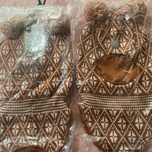 Children's Knit Pom-Pom Balaclava Hat - Rust and Cream